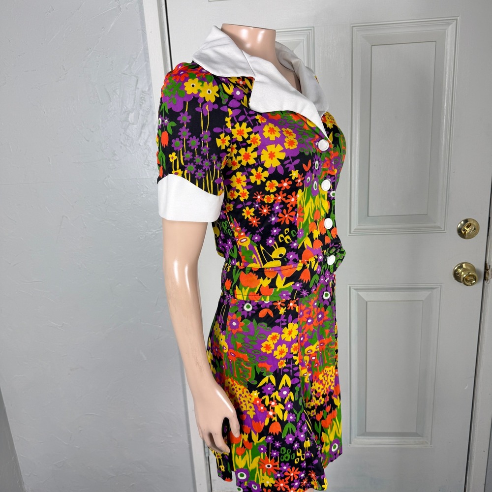 Vintage 70s Polyester Knit Mini Dress Party Skirt Top Set Floral Vibrant H3-18 - Picture 6 of 7